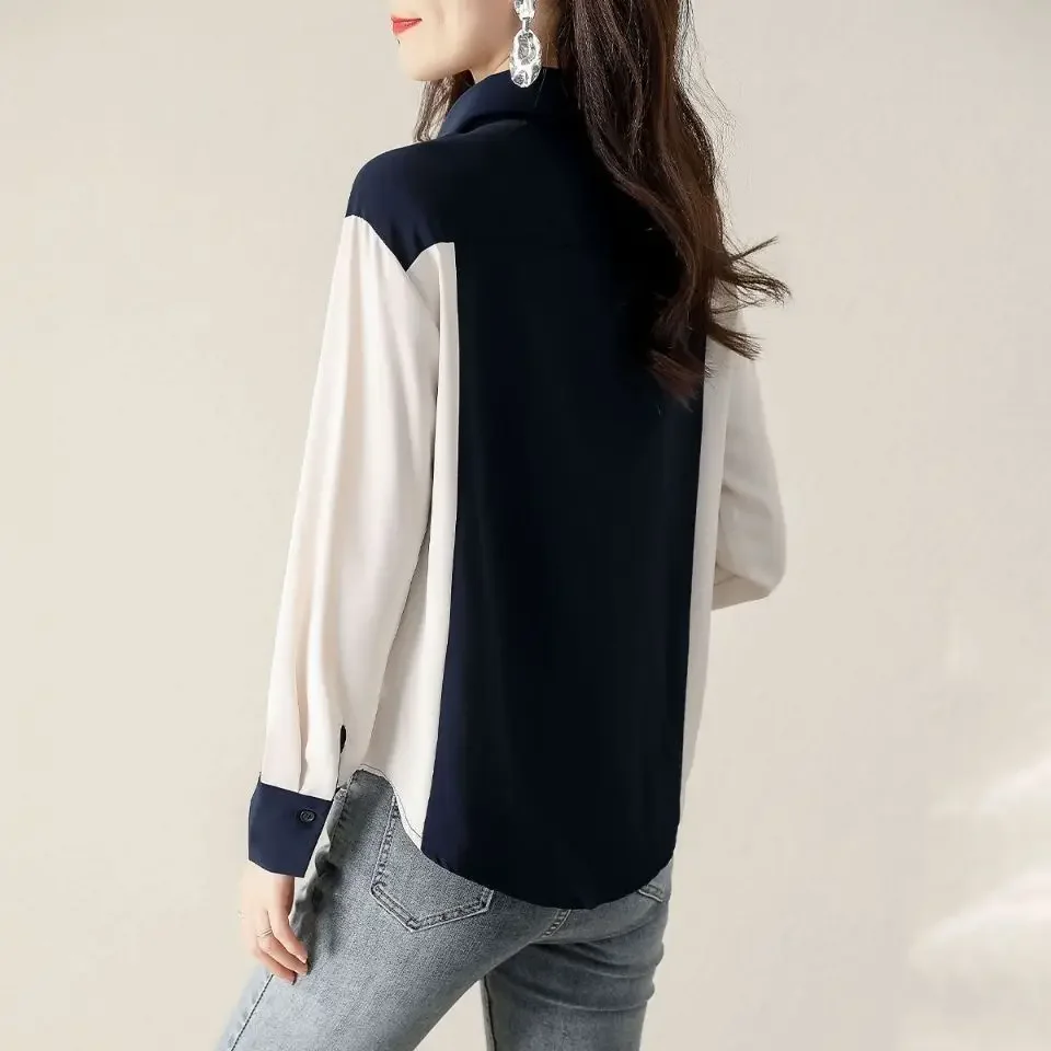 2023 Spring and Autumn Women's New Contrast Chiffon Shirt Long Sleeve Fashion Commuter Panel Comfortable Versatile Shirt