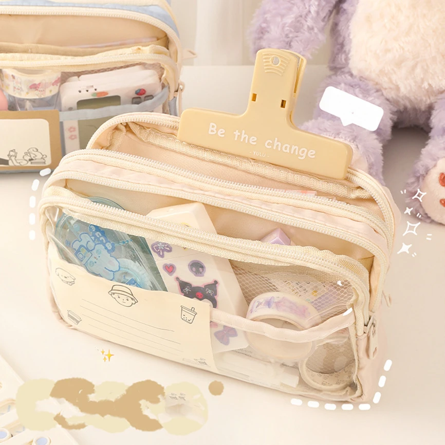Pencil Case Transparency Cases Lapicera Estuche Escolar Cute 3 Stratum Korean Stationery School Supplies Etui Large Pencils Bags