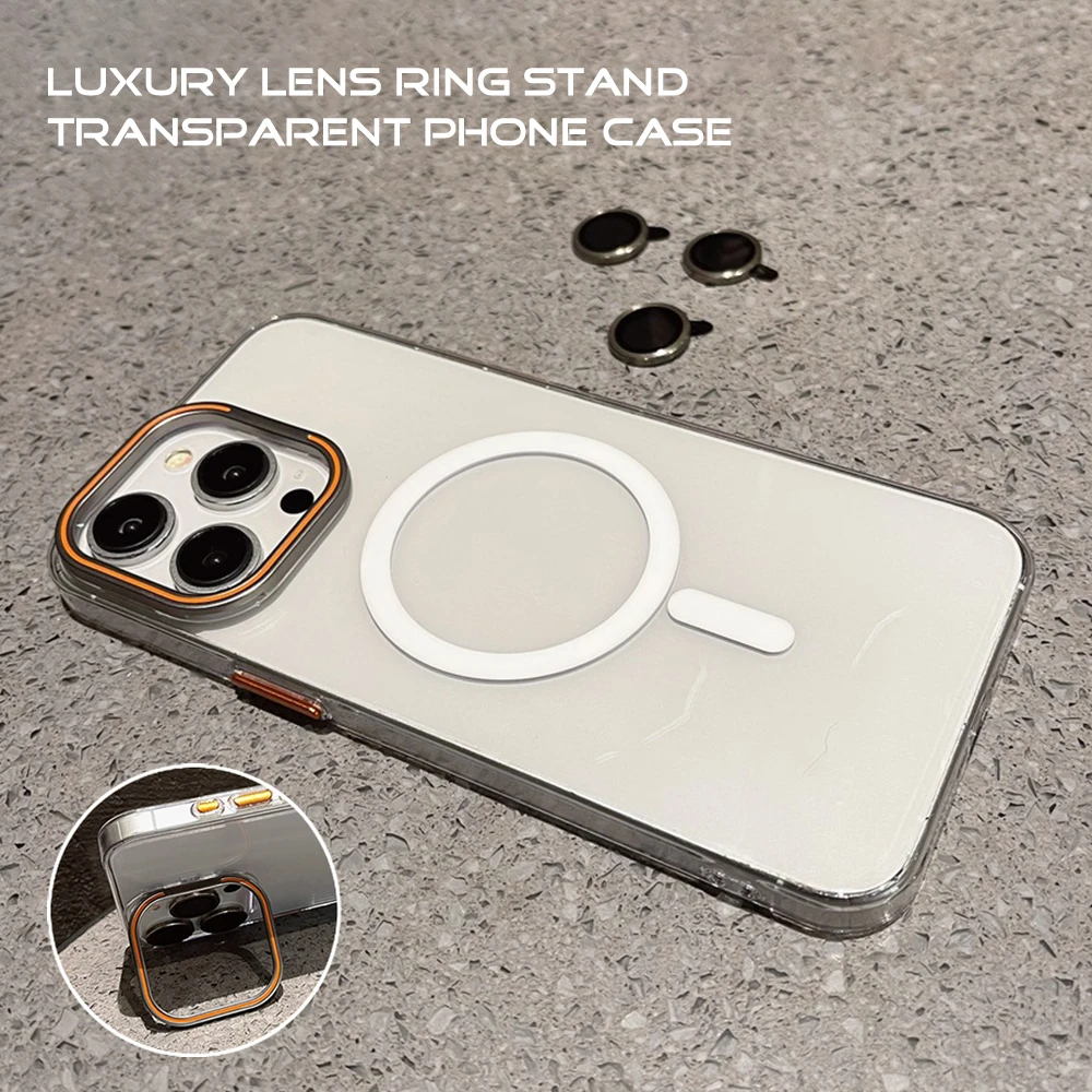 

Magnetic Magsafe With Lens Ring Holder Phone Case For iPhone 15 14 Pro Max Aluminum Lens Stand Shell Transparent Bracket Cover