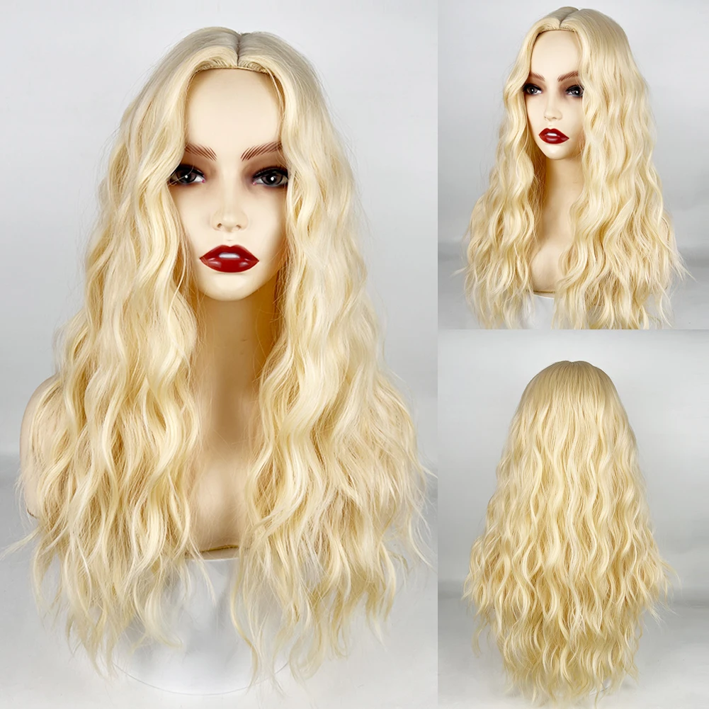 

URCGTSA Long Water Wavy Synthetic Wigs Natural Blonde Ombre Wigs for Women Party Cosplay Heat Resistant Hair Wigs
