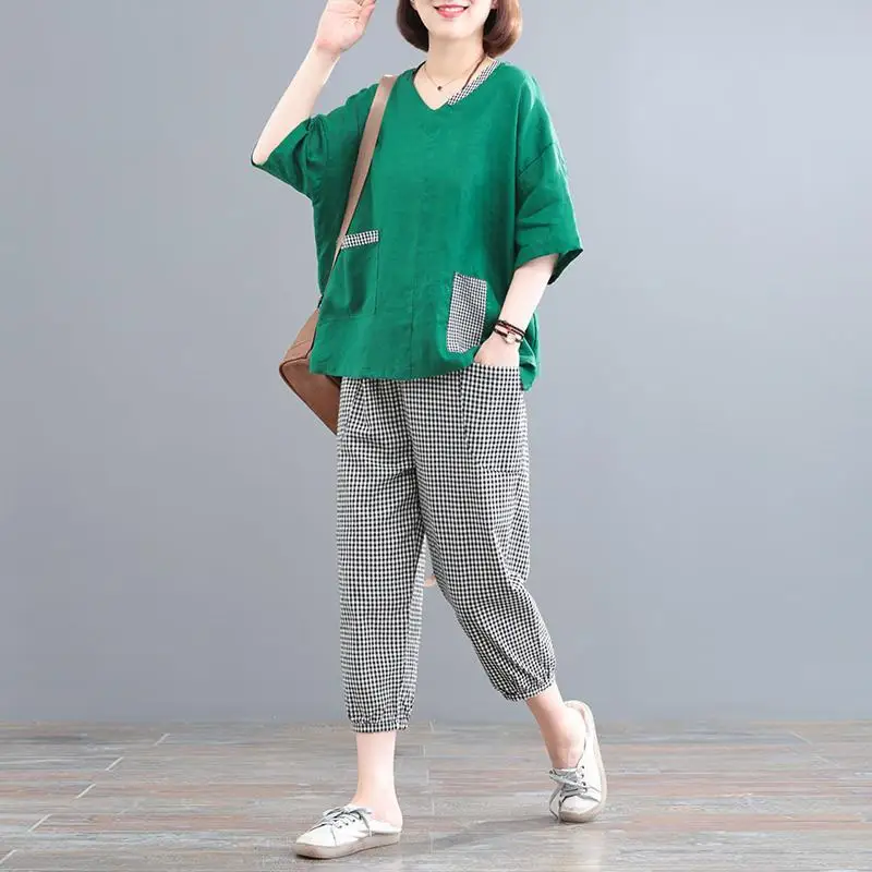 

Cotton Linen Vintage Print Summer Casual 2 Two Piece Set Short Sleeve Loose T-shirt Women Tops Femme 2023 Harem Pants Suits Q442