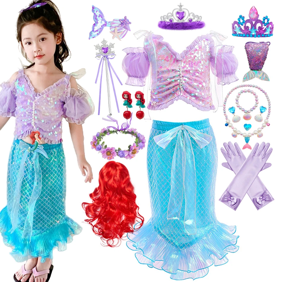 Sirena Sotto Il Mare Fashion Outfit Disney The Little Mermaid Ariel 2 Pezzi Dress For Kid Girl Birthday Party Paillettes Bling