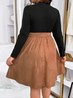 Women's patchwork dress with two-color waistband, plus size, autumn and winter, large size, double-color belt, A-line dress, can - Image 4