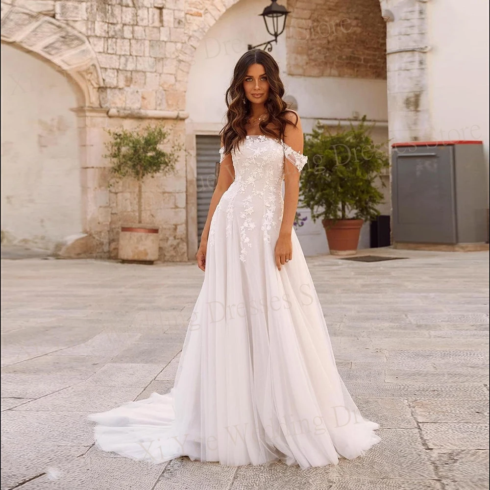 

Vintage Classic A Line Wedding Dresses Lace Appliques Bride Gowns Sexy Graceful Off The Shoulder Tulle Backless Vestidos De Boda