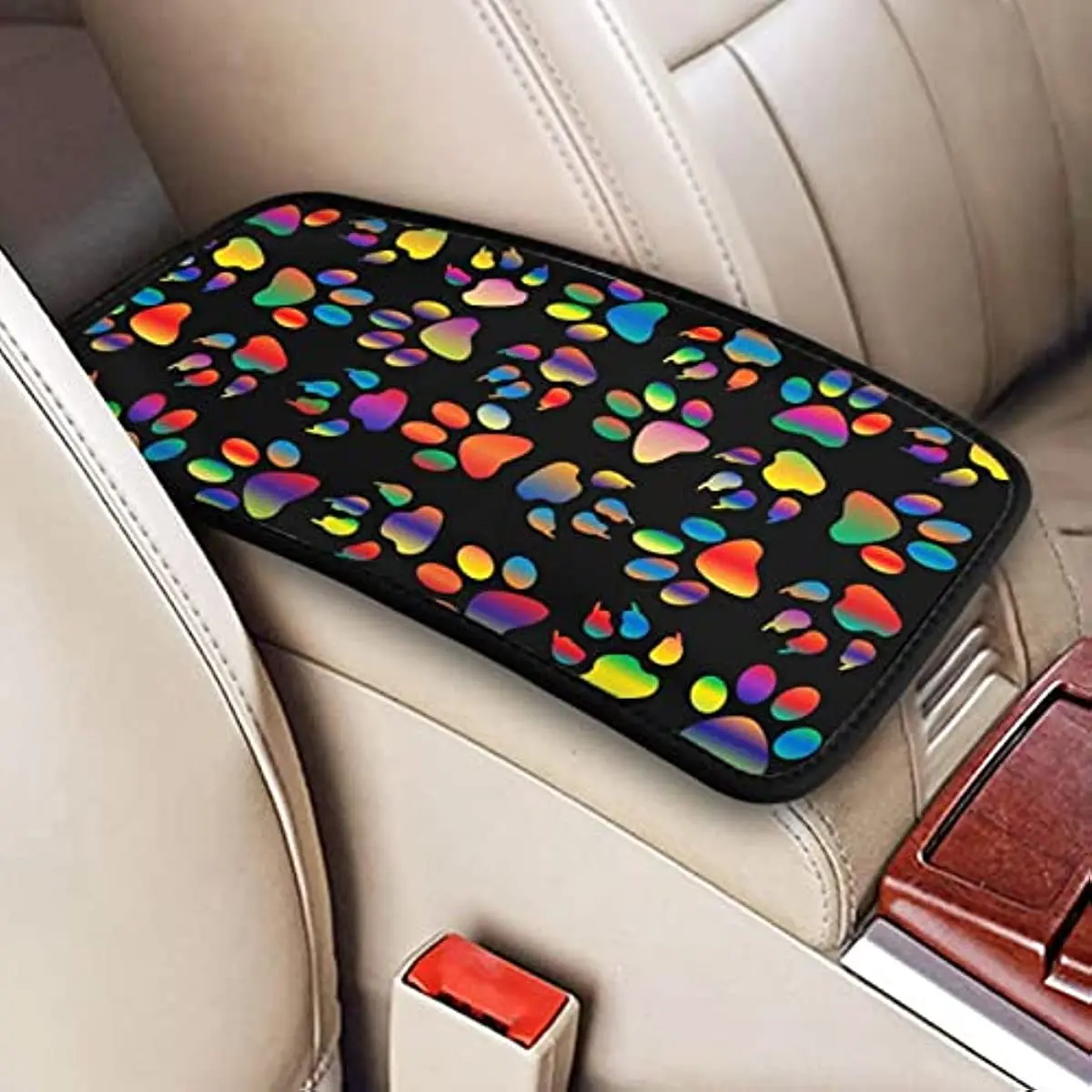 

Dog Paw Print Car Center Console Cover for Women Black Soft Non-Slip Car Armrest Cover Protector Universal SUV Truck