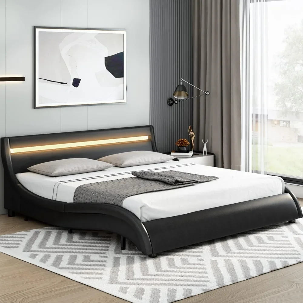 

King Size Bed Frame with LED Lights and Curved Headboard, Strong Wood Slats Support, Modern Upholstered Platform Bed Frame