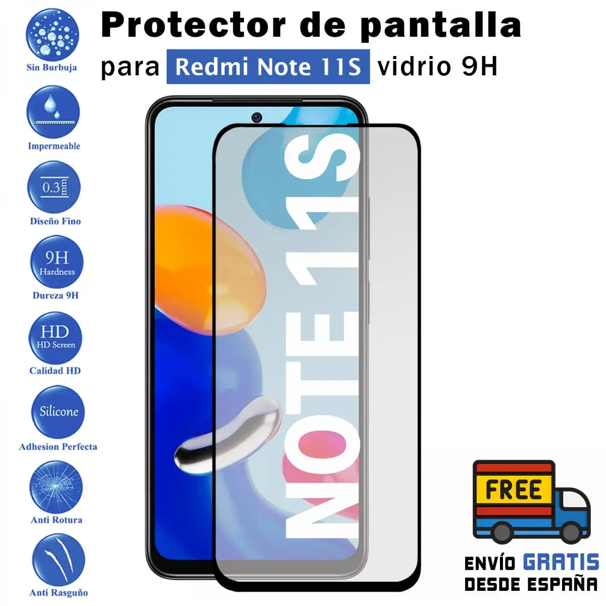 Xiaomi Redmi Note 11S Black Tempered Glass 9H Screen Protector For Movil - Todotumovil