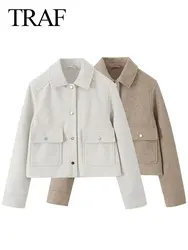 TRAF 2023 Winter Women Fashion Cotton Woolen Coats Trend White And Khaki Lapel Jackets Woman Warm Streetwear Mujer Casaco Y2k