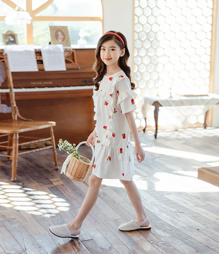 cutest baby dresses Embroidery Teen Girls Dress Cherry Patterns Half Sleeve Ruffles Cotton Summer Dress Children Clothes 6 8 10 12 14 Years baby boy dress