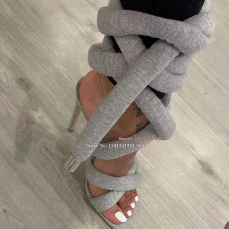 

Rope Lace Up Thin High Heel Sandals Women Cross Tied Heeled Summer Party Shoes Plus Size 44