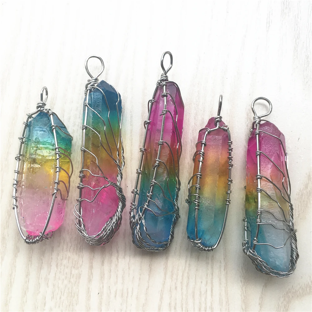 Natural Stone Clear Crystal Tree of Life Necklace Handmade Vintage Rainbow Antique Copper Wire Wrapped Pendant Necklace Jewelry