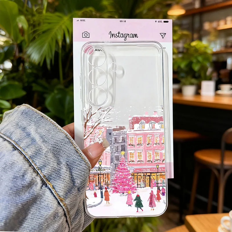 Christmas Winter Snow Scenery Clear Phone Case with London Street Landscape Design