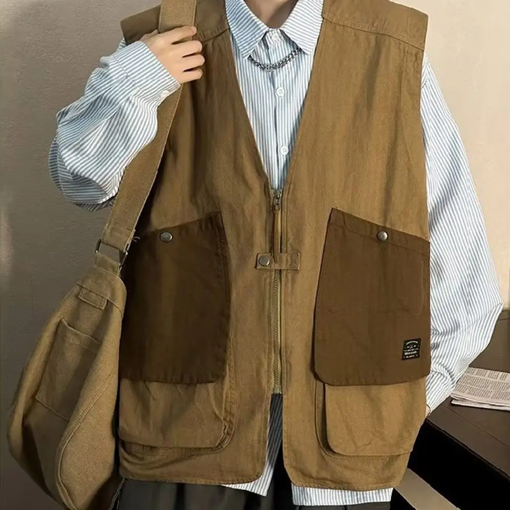 레트로 V-넥 슬리브리스 워크웨어 조끼 루즈핏 멀티포켓 조끼 민소매 자켓 여성용