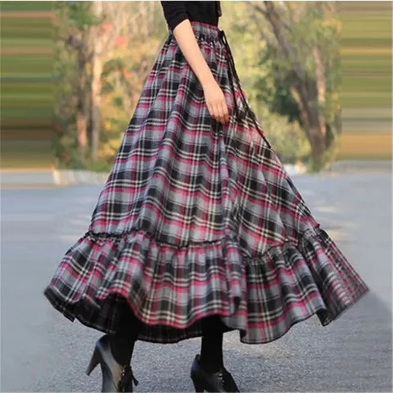 

NEW 2024 Fashion Spring Autumn Ladies Skirt Elastic Waist Spliced Simple Giant Swing Long Skirt Leisure Lattice Women's Skirt