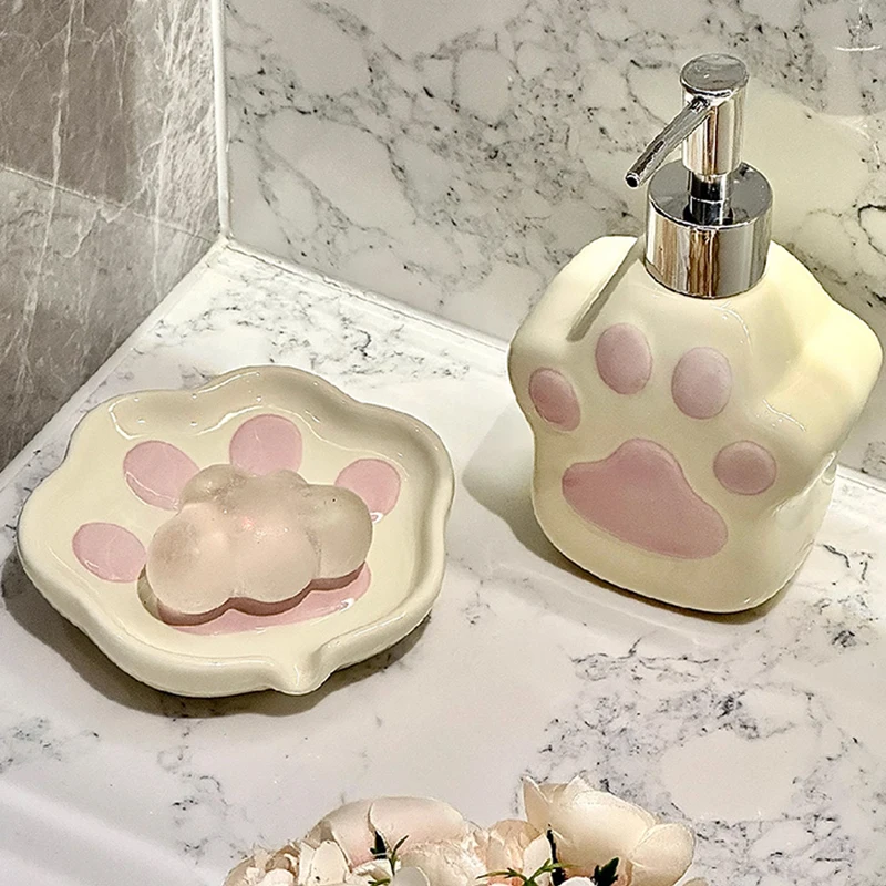 Ceramic Cute Cartoon cat paw Shaped Soap Dish Storage Rack, Home Bathroom Supplies Creative Light Luxury Drain, No Punching, 1Pc