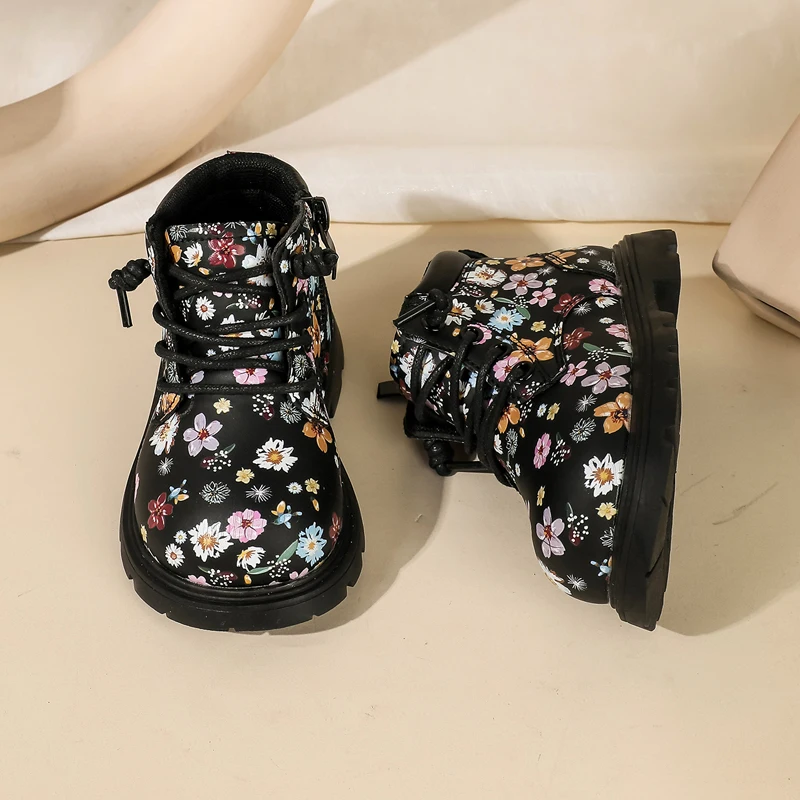 2024 New Autumn Baby Boots For Girls Leather Flower Ankle Boots Rubber Sole Zip Side Fashion Toddler Kids Boots 15-25 2