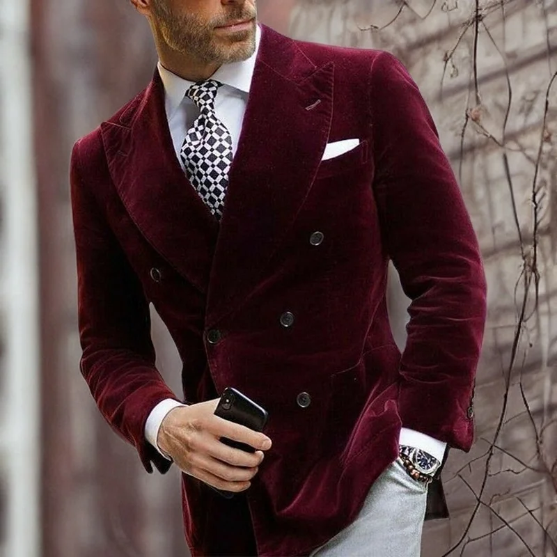 Mens Blazer Mens Burgundy Double Breasted Velvet Blazer Elegant Coat Smoking Suit Jacket Fashion Dinner Coat In Stock