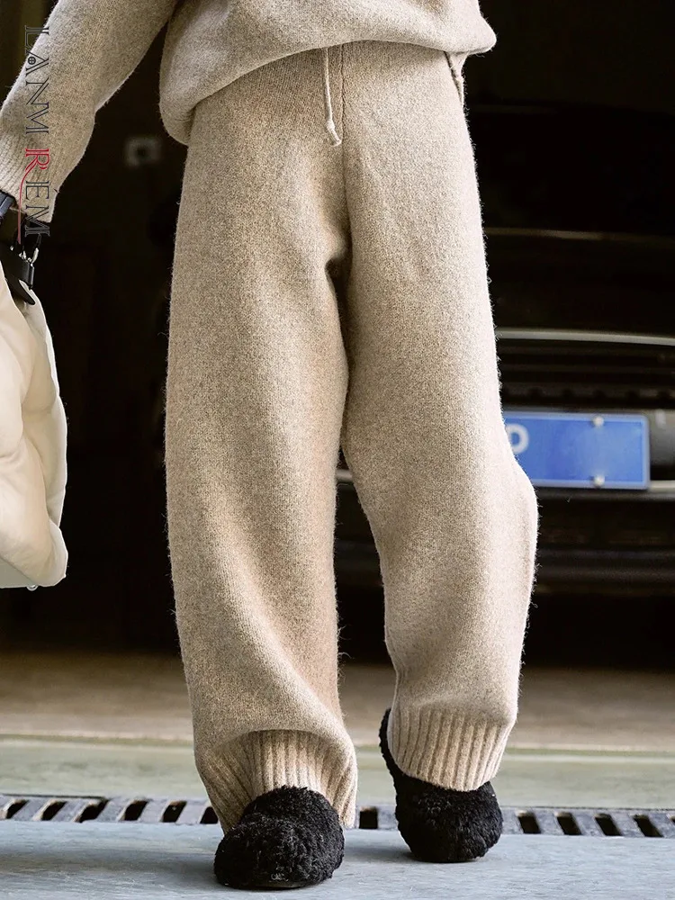 

[LANMREM] Wool Knitting Wide Leg Pants For Women 2023 Winter New Drawstring Design High Waist Trousers Female Clothing 26D6995
