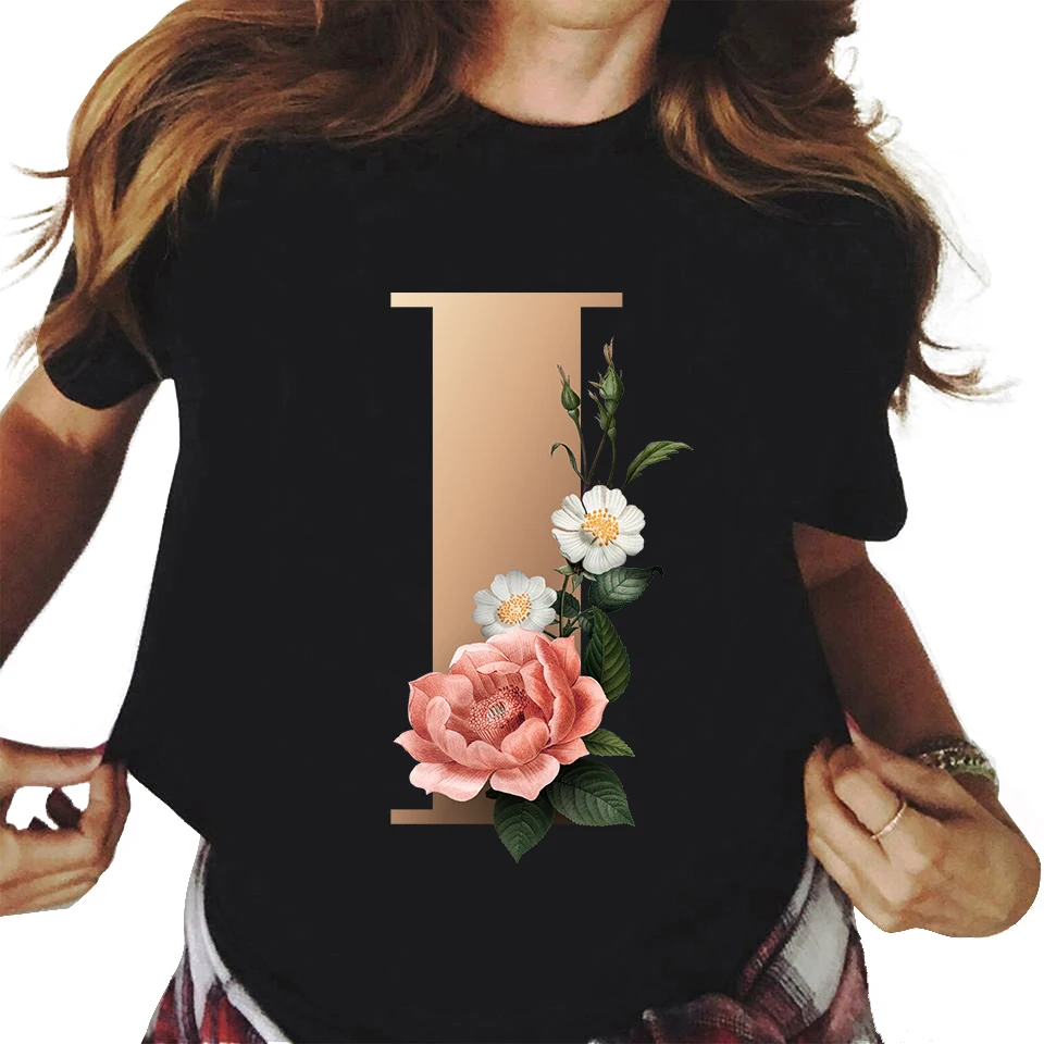 26 Floral alphabet font classic t shirt summer Fashion Harajuku Kawaii TShirt Women Top Tees Female graphic tees