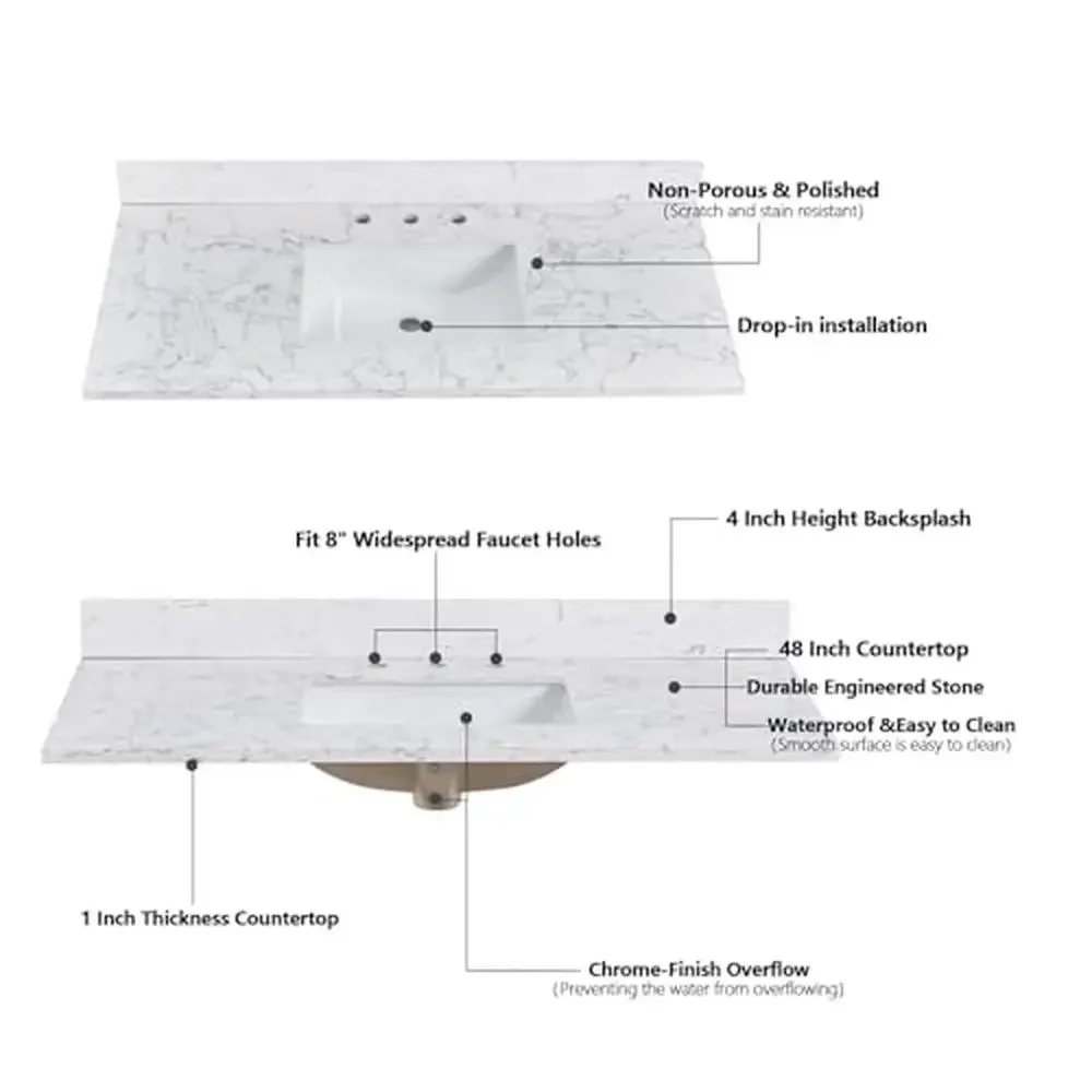 48" x 22" Stone Vanity Top with Sink and 8 Inch Faucet Holes Durable Easy Installation Elegant Design Fits Most Standard 48" 4