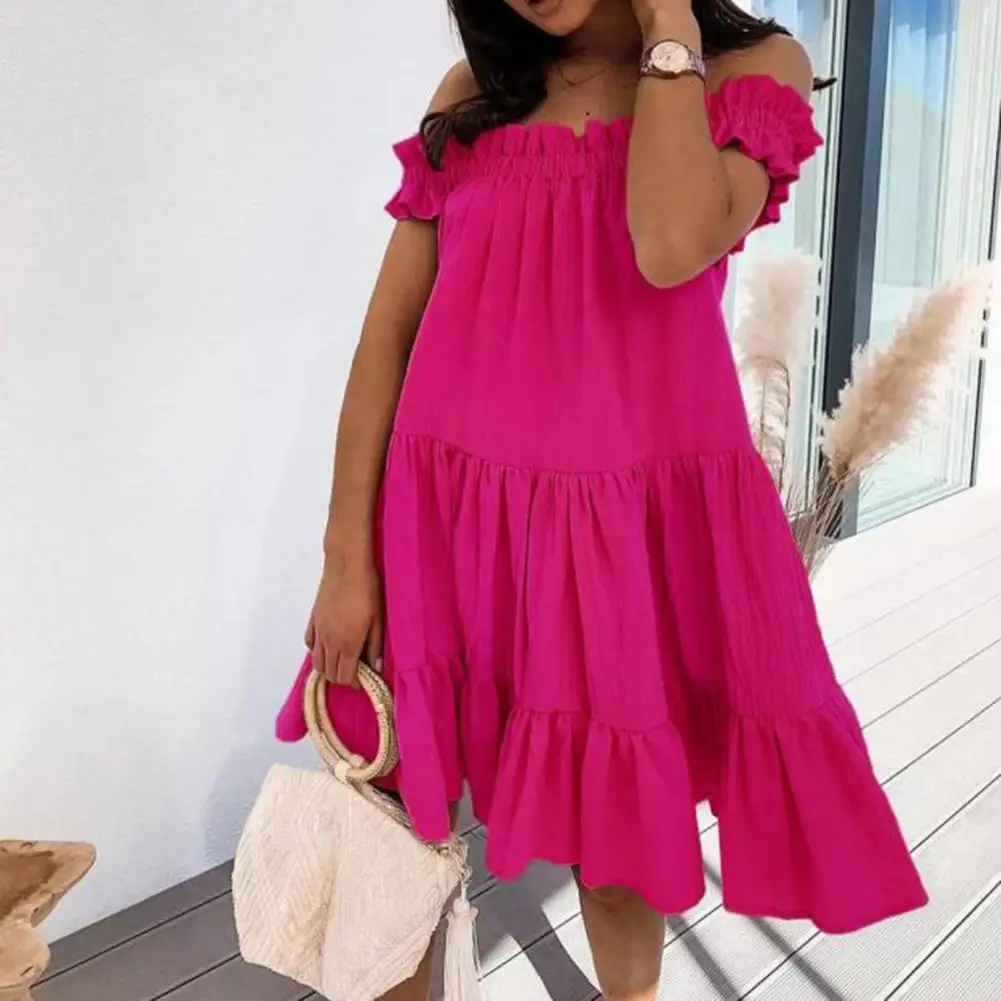 

2023 Summer Slash Neck Ruffle Party Dress Women Casual Elegant Loose Mini Dress Ladies Solid Color Short Pleated Dresses Vestido