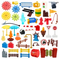 Big Building Block Montessori Gear City Fire Fighting Gas Traffic Station Fence Compatible Duplo Children Kids Gift Assemble Toy 1
