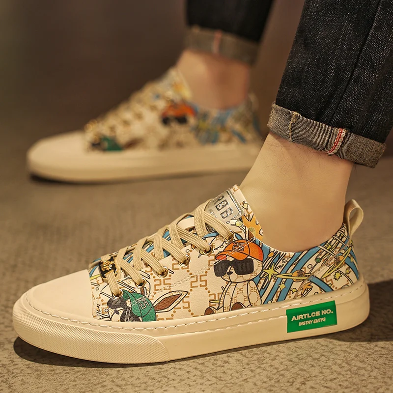 HKDQ Graffiti Original Men's Sneakers Fashion Leather Designer Shoes Man Low-cut Men Vulcanization Shoes Comfy Flat Casual Shoes