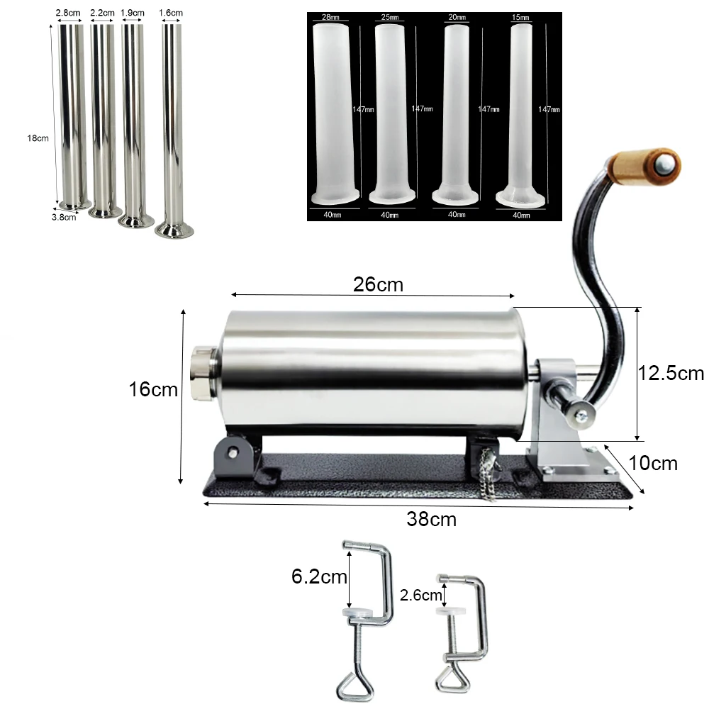 Description Picture 2 of item3L Sausage Stuffer With 8Pcs Tubes, Machine Manual Stainless Steel Horizontal Sausage Maker Filling Filler
