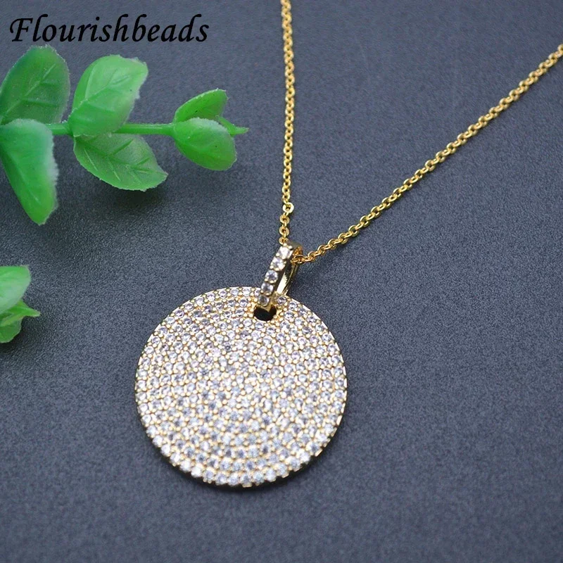 Luxury Paved Real CZ Beads Gold Color Round  Pendant Charms with Linked Chains Necklace Women Fashion Jewelry