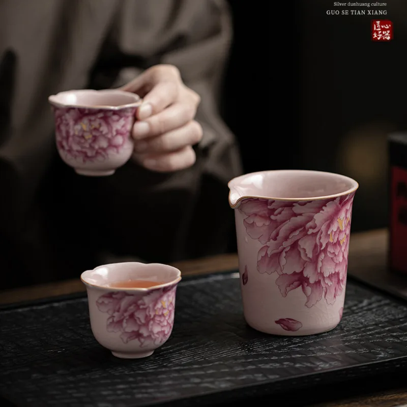 230ML Pink Ru Kiln Peony Flower Tea Pitcher Sharing Pot Cha Hai Dispenser Justice Cup Fair Mug Tea Items Decoration Supplies
