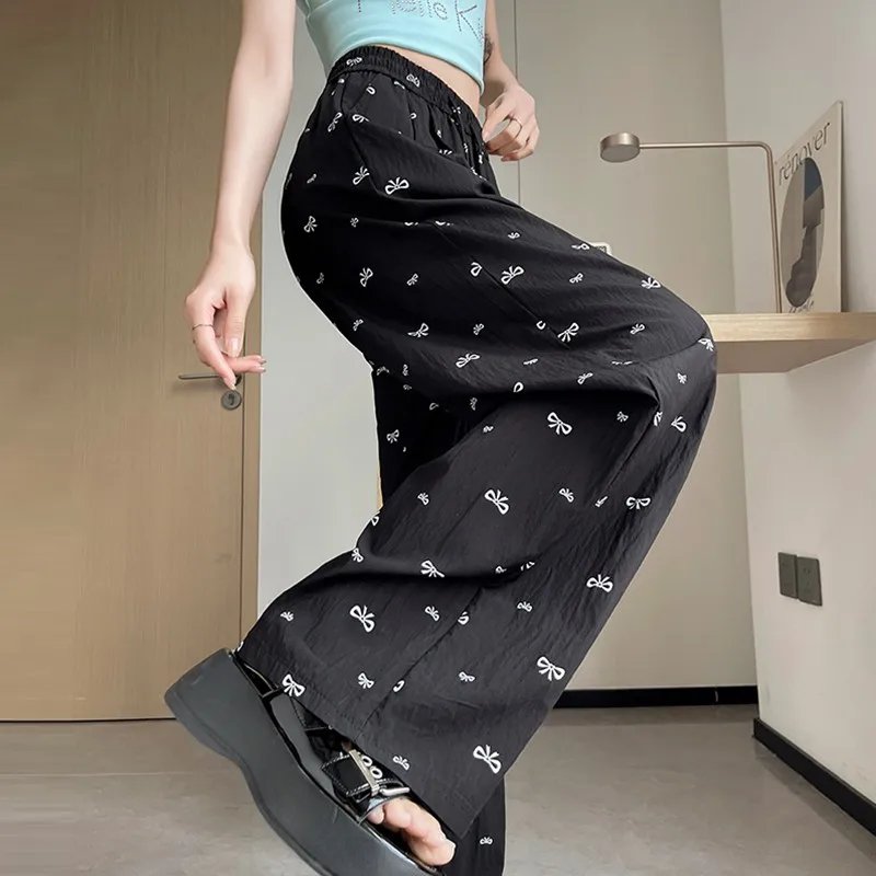 Women Summer Casual Trousers New Arrival 2024 Korean Style Bows Pattern Basics Loose Female High Waist Wide Leg Pants W1772
