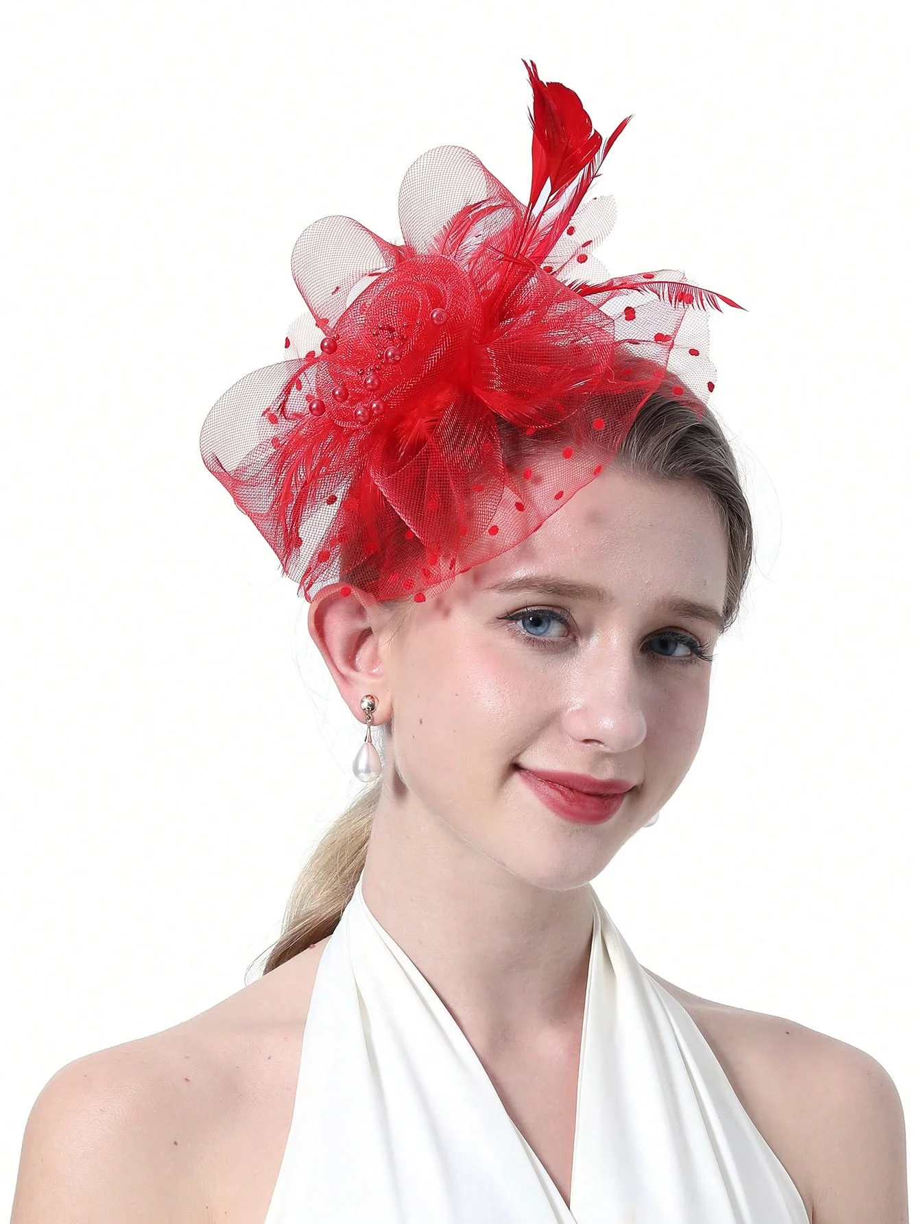 1PCS Fascinators Hat Flower Mesh Ribbons Feathers On A Headband And A Clip Tea Party Headwear For Girls And Women