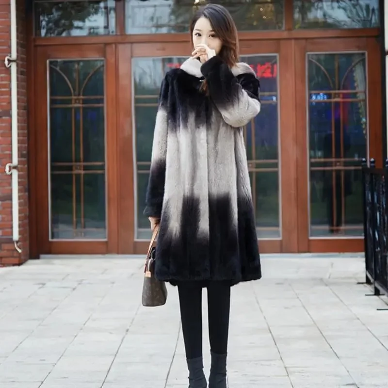 Imitation Mink Coat Female 2023 Autumn Winter New Whole Mink Hooded Medium Length Mink Fur Female Coat Foreign Style Commuting
