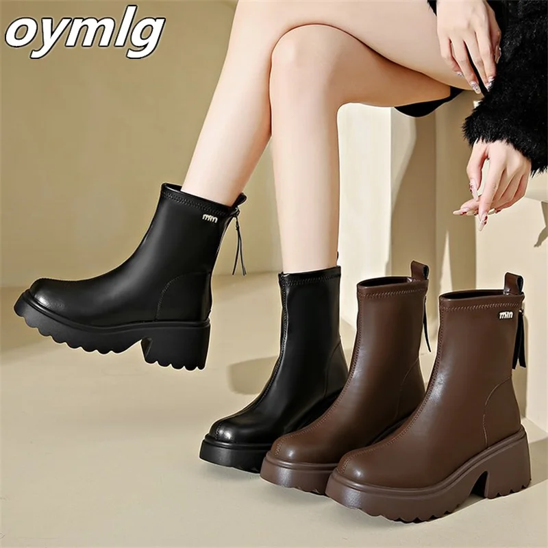 

Thick Sole Short Boots Women's 2023 Autumn/Winter New Thick Heel Round Head Short Boots Back Zipper Slim Boots womens shoes