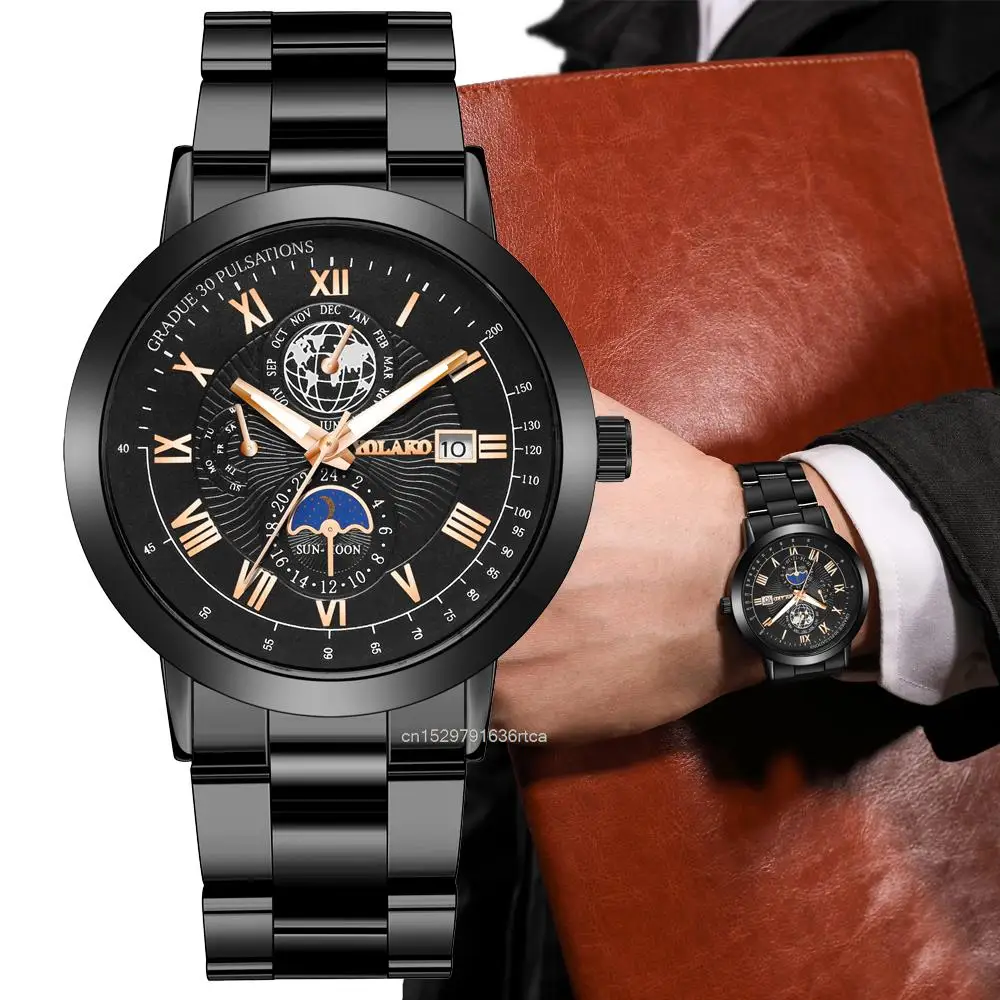 

Hot Three Eyes Luxury Men's Quartz Watches Map Roman Calendar Numbers Design Watch Leisure Gold Metal Steel Belts Male Watch