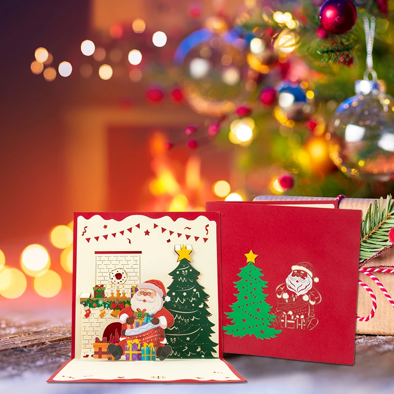Folding Christmas 3D Pop UP Greeting Card Envelope Santa Claus Snowman Xmas Invitation Card Postcard Navidad Supplies greeting cards