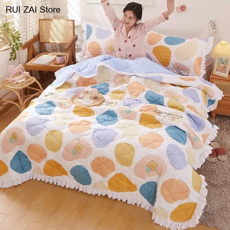 New Summer Quilted Quilt with Lotus Leaf Lace Korean Princess Style Air Conditioning Blanket Adults Kids Cool Thin Quilt