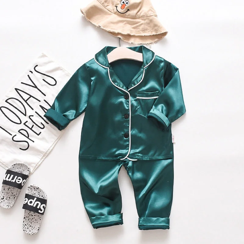 

Kids pajamas set 2pcs Kids Boys Clothes Girls Ice silk satin Cartoon printing Tops Pants Set Pajamas 2021 New home Wear