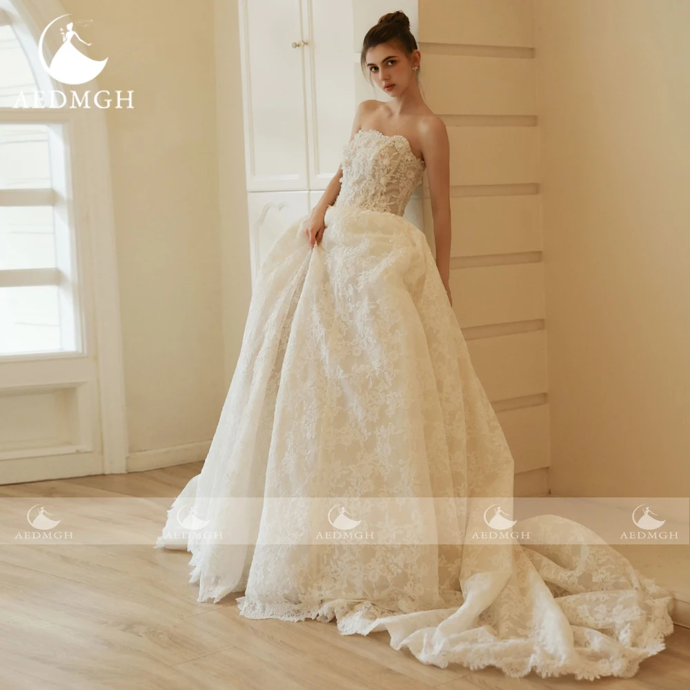 Aedmgh A-Line Romantic Wedding Dresses Strapless Backless Vestido De Novia Lace Appliques Glamorous Custom Made Bridal Gown