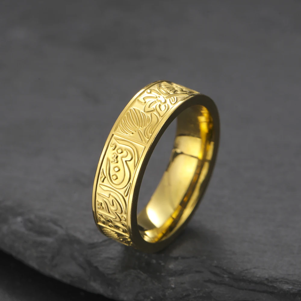 Dawapara Vintage-Ring mit arabischer Kalligraphie und Lotusblume, Unisex-Ring, 6 mm, Edelstahl, gravierter Ring, religiöser muslimischer Schmuck – Detail 14