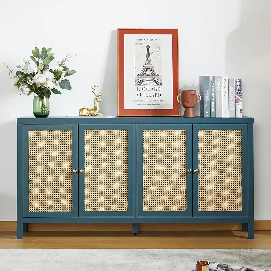 

Rattan Sideboard Buffer Cabinet,Accent Storage Cabinet with 4 Rattan Doors, Modern Storage Cupboard Console Table