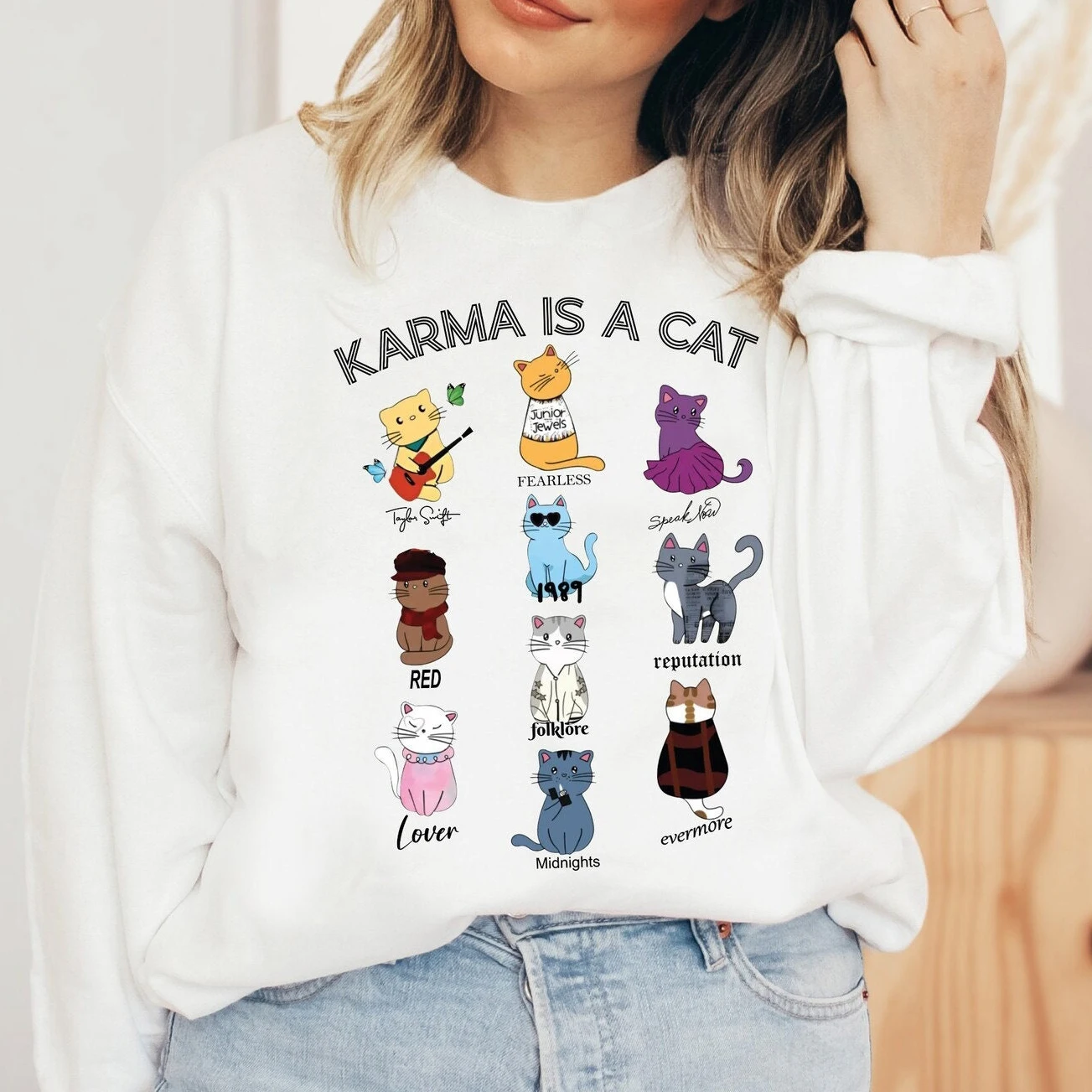 

Cute Cartoon Fashion Nine Kitties Print Female Sweatshirt Karma Is A Cat Slogan Women Clothes New Stylish All Match Casual Tops