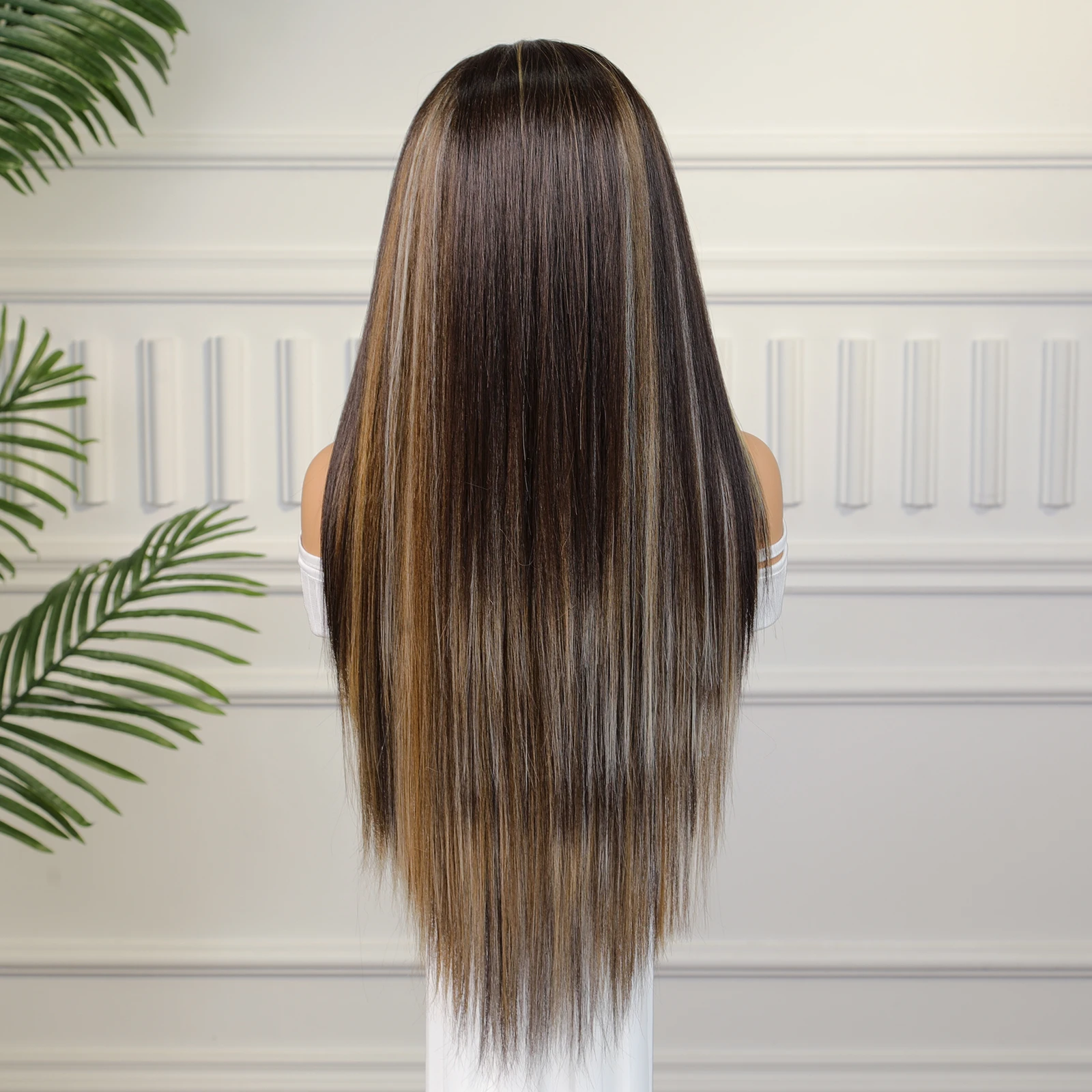 13x4 Lace Front Wigs Brown Highlight Golden Synthetic Long Straight Wig with Baby Hair for Women Cosplay180 Density CharmSource
