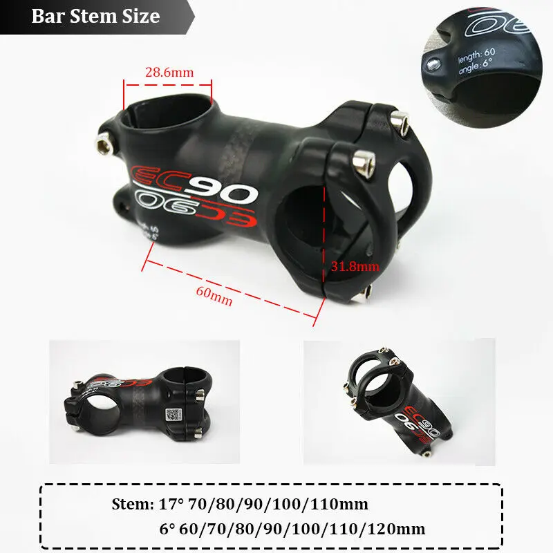 Aluminum Alloy+Carbon Fiber Bicycle Stem 60-120mm 6/17 Degree 1-1/8'' Bike Handl
