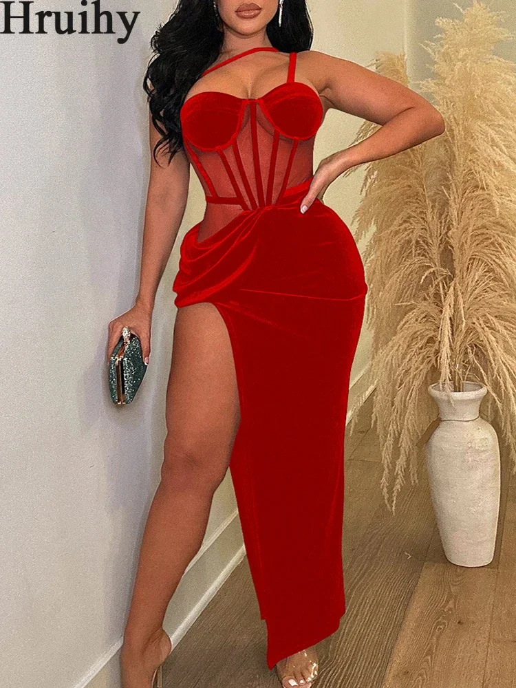 

Women‘s Long Dress Halter Neck Sleeveless Clothes High Side Split Mesh Velvet Patchwork Tunic 2023 Summer Vestidos Party Dresses