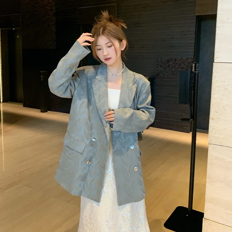 

High Quality Jacquard Suit Jacket Black Beige Gray Spring Autumn New Women Casual Notched Collar Long Sleeve Female Blazers Coat