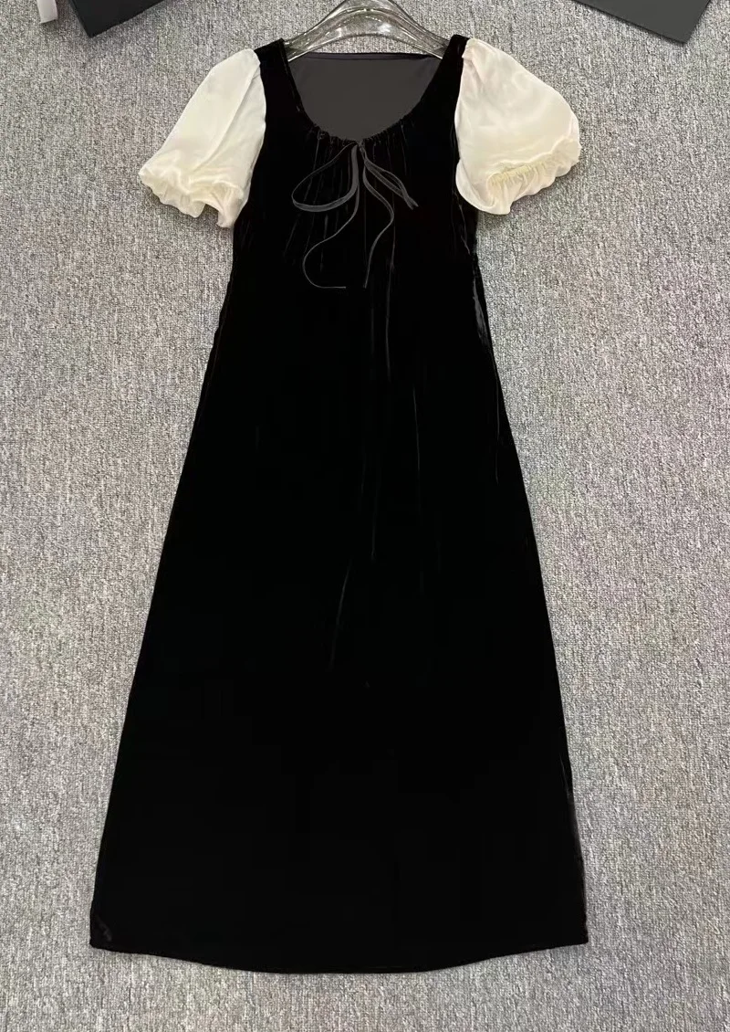 

Top Quality New 2023 Autumn Long Party Evening Women Dresses Drawstring Deco Short Sleeve Long Black Velvet Dress Vestido Festa