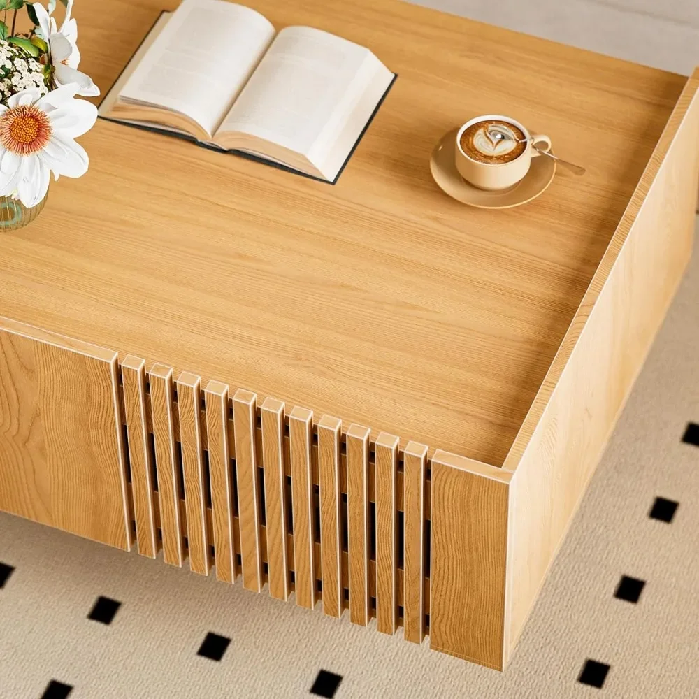Fluted Coffee Table, Mid Century Modern Center Coffee Table with Cabinet Doors, Modern Farmhouse Coffee Table for Living Room 5