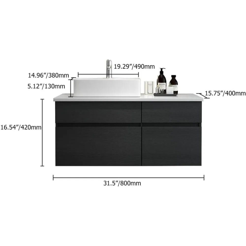 Bathroom Organizers, 31'' Bathroom Vanity Floating Bathroom Sink Cabinet With Ceramic Vessel Sink Black & White Wall Mounted Flo 2