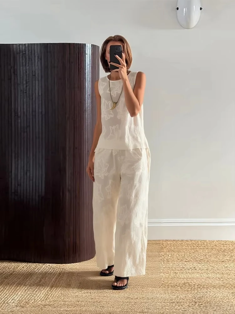 HH Women Solid Embroidery Pant Sets O Neck Sleeveless Vest Tops Loose Casual Drawstring Wide Leg Trousers Office Lady Outfit